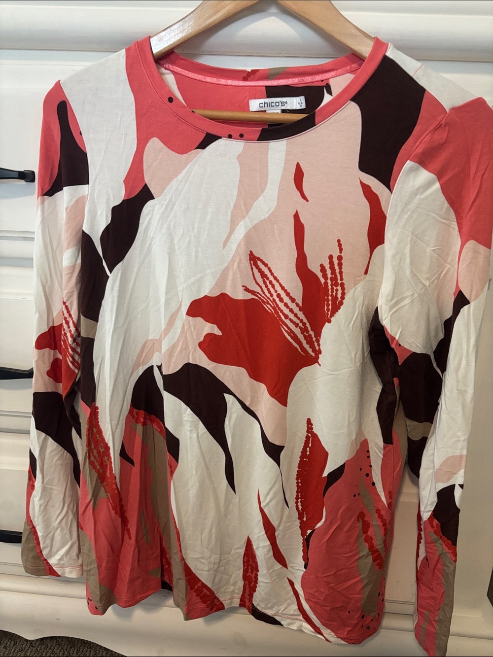 Chico's Coral & Cream Abstract Floral Long Sleeve Top